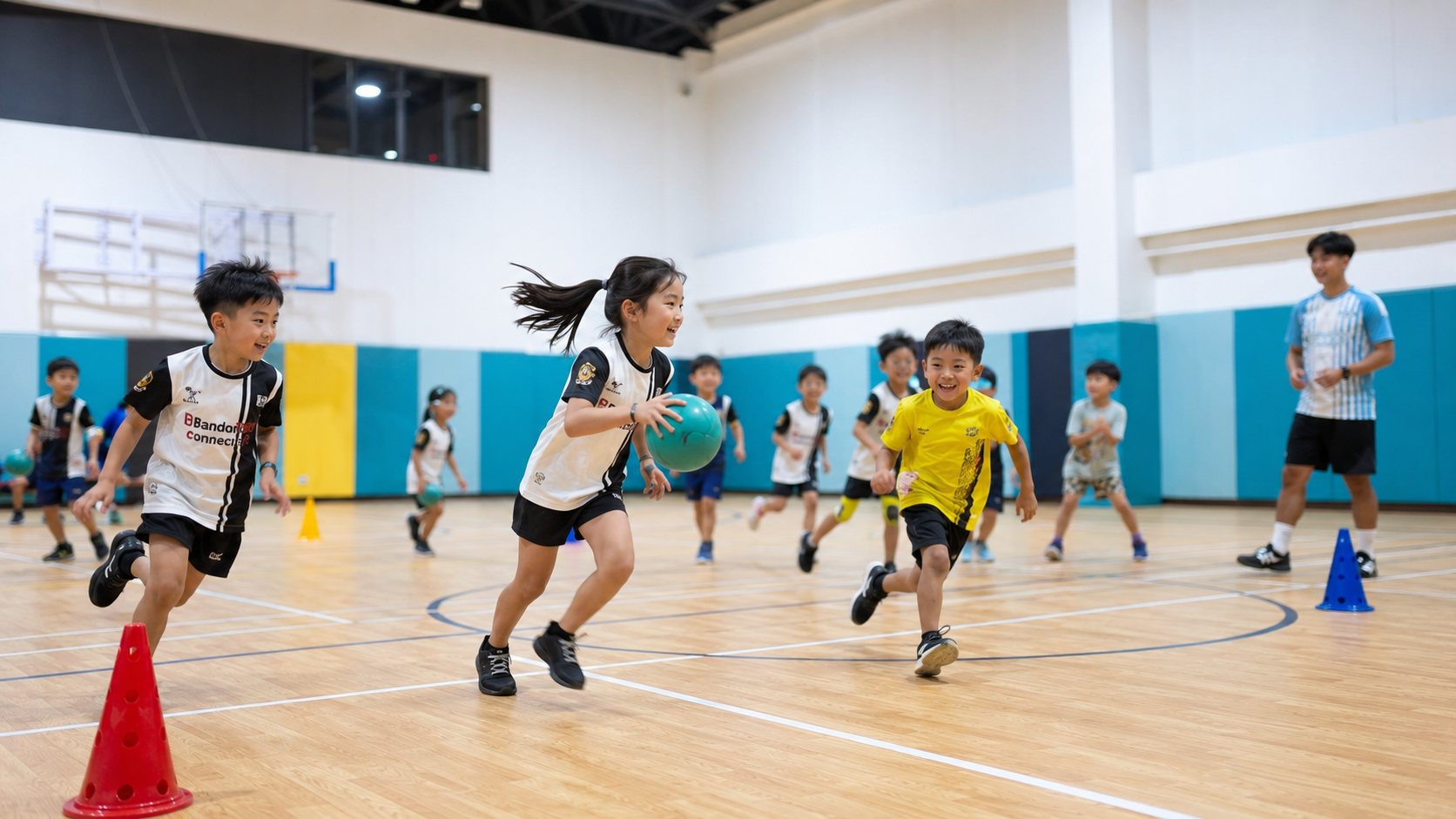 体育館でボールを持って走る子どもたち