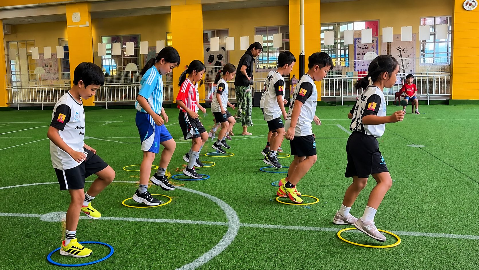 列に並んでリングステップに取り組む子どもたち