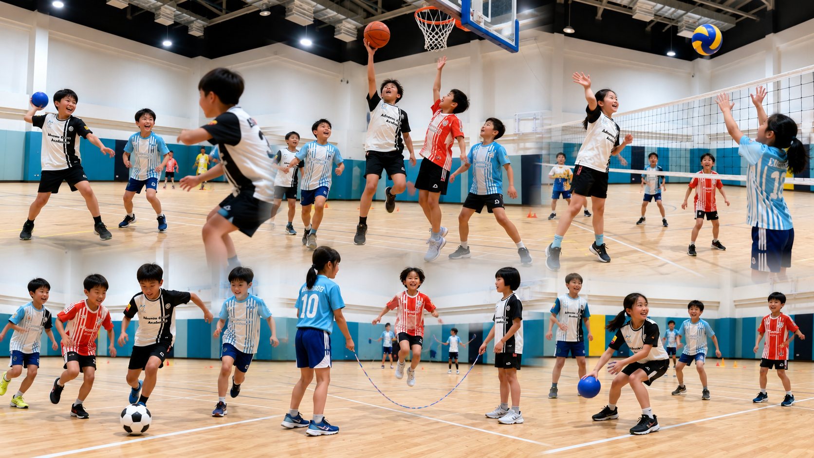 Children enjoying basketball, football, volleyball and more in the gym
